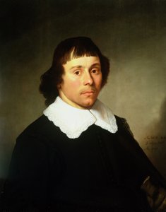 Retrato de um homem jovem, em um traje preto com um colar de renda branca